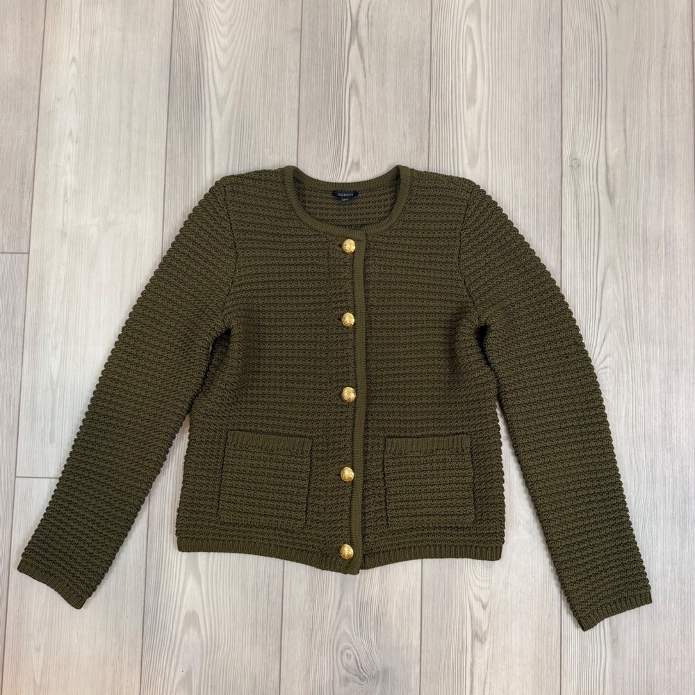 Talbots Olive Green Textured Knit Cardigan Gold Crest Button Lady Jacket Small